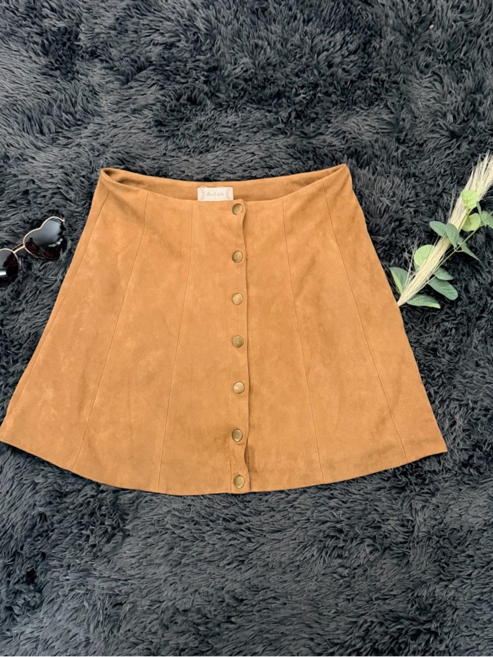 Altar'd State Button-Front Faux Suede A-Line Skirt - Camel Brown